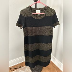 KATE SPADE Freyda Wool Metallic Black Gold Stripe Knit Sweater Shift Dress Small
